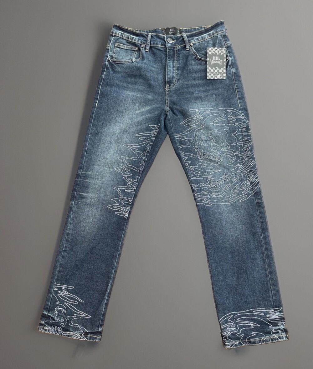 Rebel Vengeance Jeans Mens 32x30 Embroidered Blue Cross Skull Straight Stretch